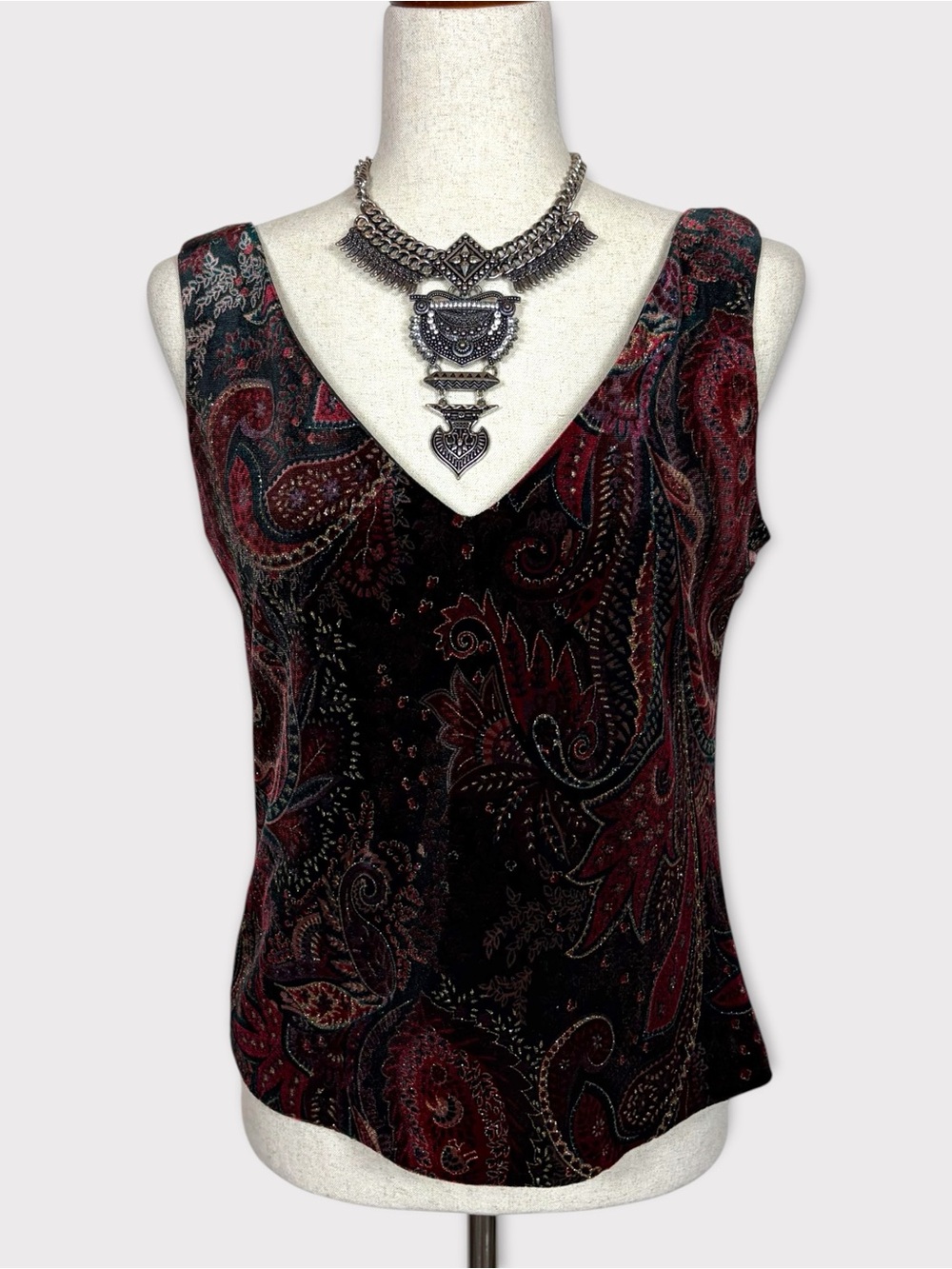 Xscape Velvet Paisley V Neck Tank Top Medium Dark Floral Fairy Grunge Whimsigoth